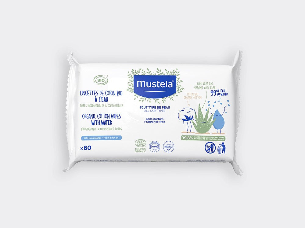 Lingettes de coton BOI à l'eau 60 unités Mustela Change Toilette