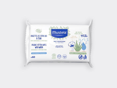 Lingettes de coton BOI à l'eau 60 unités Mustela Change Toilette